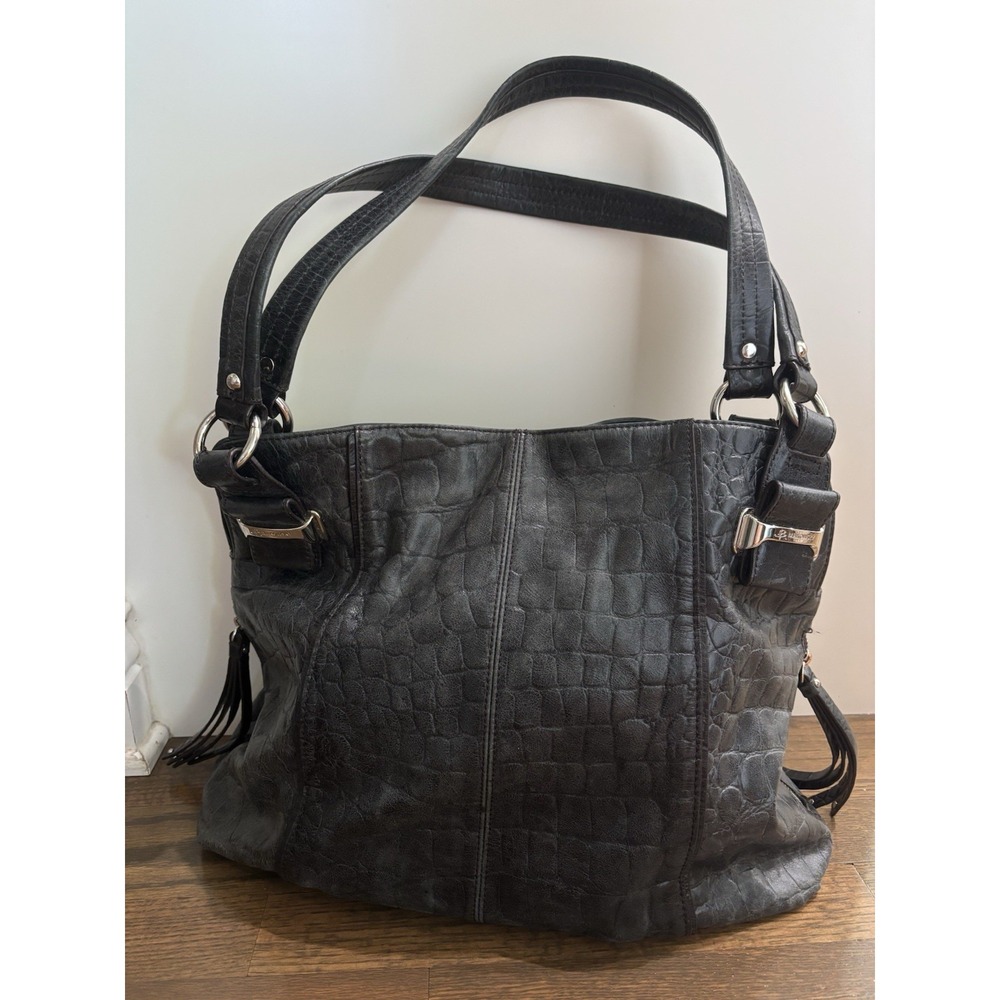 B. Makowsky Hobo Croc Embossed Black Leather Double Strap Shoulder Bag Magnetic